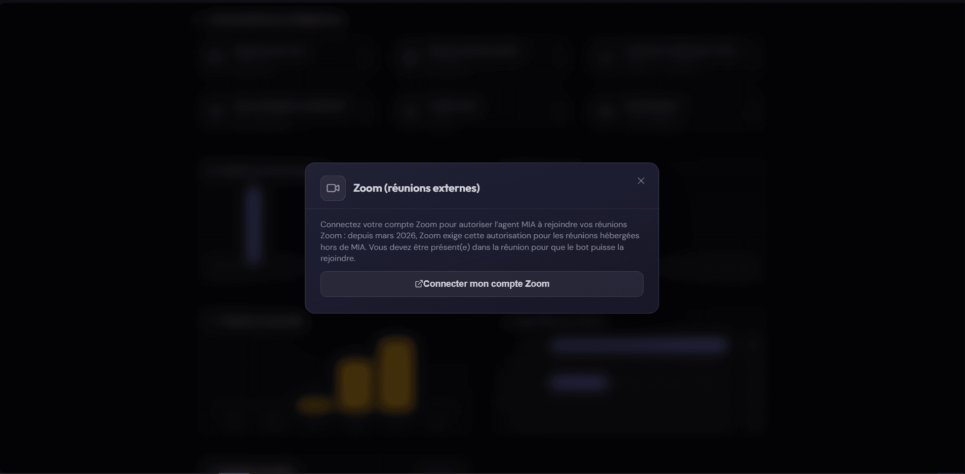 Fenêtre « Zoom (réunions externes) » dans Agent MIA, avec le bouton « Connecter mon compte Zoom ».